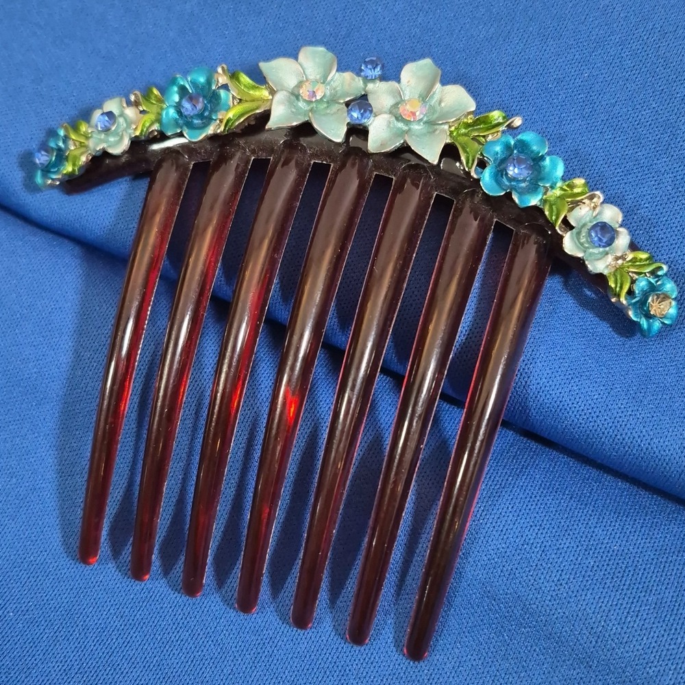Vintage Lucite Hair Comb Topped Rhinestone Enamel Flowers Blue Gems